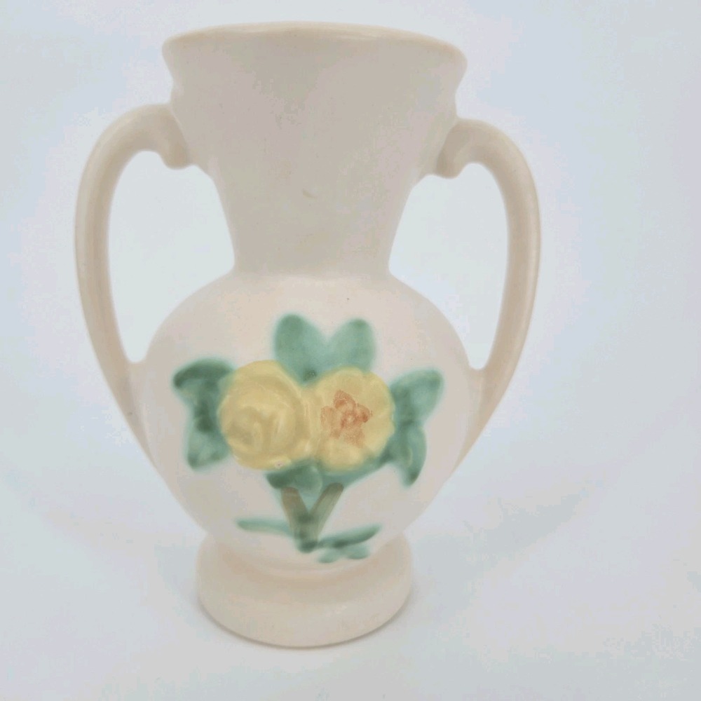 Vtg Weller 6" Double Handle Step Base white Yellow Flowers Art Deco Vase 1930s